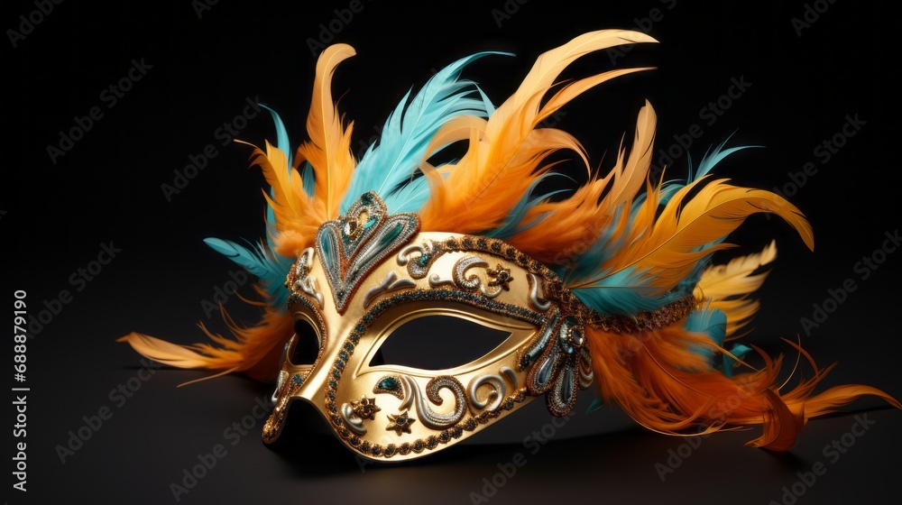 Venetian carnival mask. Gold color, colored feathers. Happy carnival festival