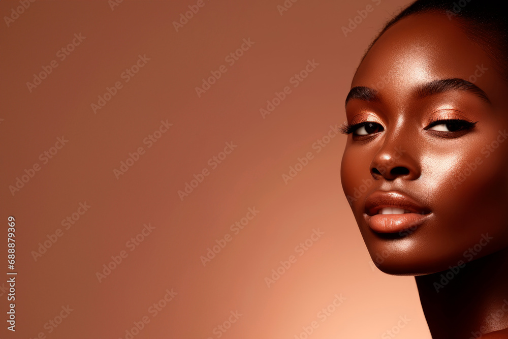 Radiant Beauty: Perfect Skin Ad Featuring a Black Woman, Showcasing the Efficacy of Skincare and Foundation in Enhancing Complexion. Brown Background - Copy Space.
