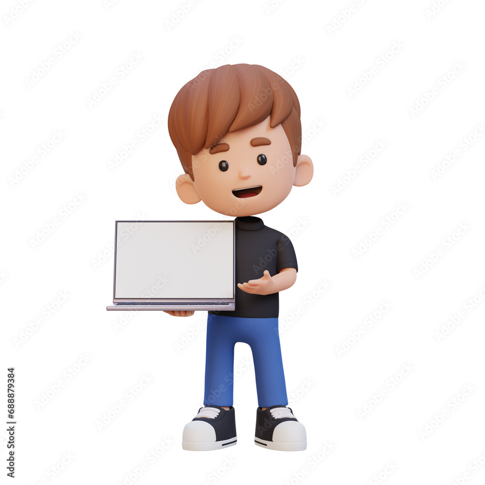 3D kid Character Holding and Presenting to a Laptop with Empty Screen 3D kid Character Holding and Presenting to a Laptop with Empty Screen