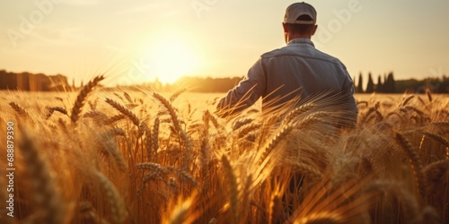 Field Connection: The Farmer Walks Through the Field at Dawn, Checking Ripe Grain - A Quiet Morning Scene of Agriculture and Farming, Hand Touching the Ear of Grain in Harvest.




