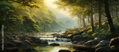 Morning light illuminates the magical trees by the mountain stream.