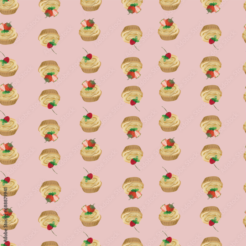 Strawberry and cherry custrad pie delicious seamless pattern