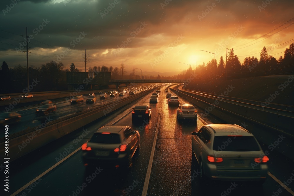 Cityscape Sunset Drive: Experience the beauty of urban life as cars smoothly drive on the highway during sunset, creating a mesmerizing scene of blurred lights and atmospheric reflections.

