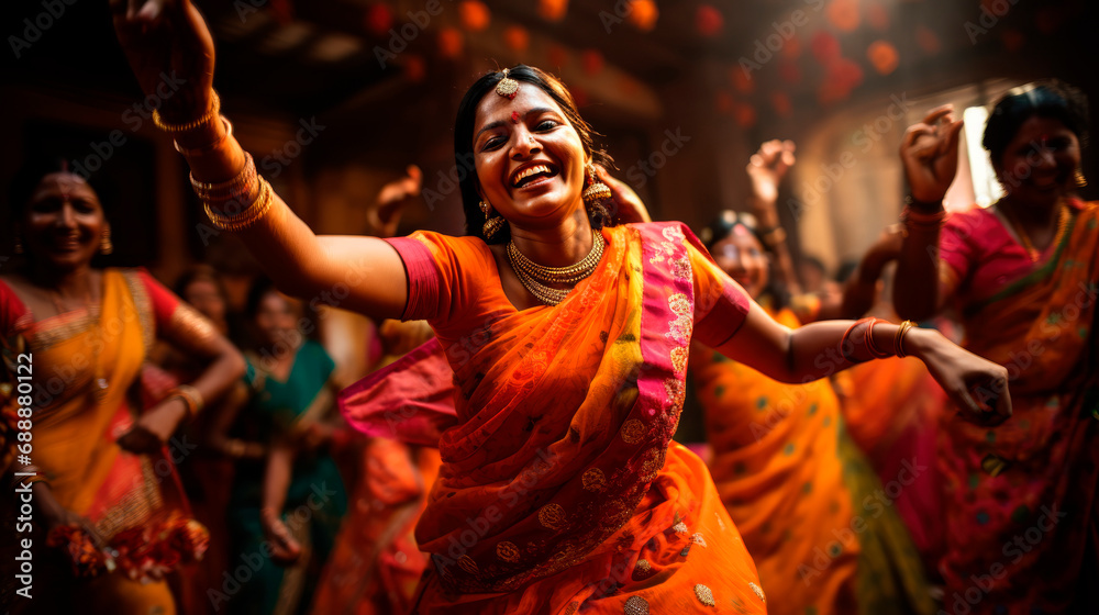 Festival Euphoria: Enthusiastic Participants in Garba Dance, Resplendent in Colorful Traditional Attire, Join in the Spirited Celebration of Navratri with Music, Dance, and Community Joy.




