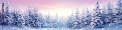 Winter snowy magic forest illustration for Christmas design. Snowfall on sunrise or sunset. Beautiful abstract background  holiday frame or border with copy space