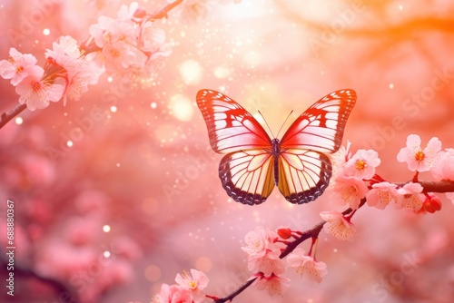 Fluttering butterfly and pink cherry or sakura blossom branch in sunlight. Floral spring concept for background, banner or greeting card with copy space