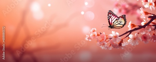 Fluttering butterfly and pink cherry or sakura blossom branch in sunlight. Floral spring concept for background, banner or greeting card with copy space