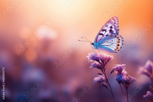 Fluttering blue butterfly and purple wildflowers on the field in sunlight. Floral spring concept for background, banner or greeting card with copy space © ratatosk