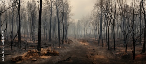 Burnt forest with surviving trees in Lugo, Galicia, Spain. photo