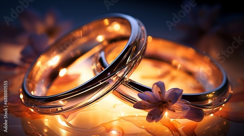 Luxury couple of gold wedding rings and flowers. Wedding invitation