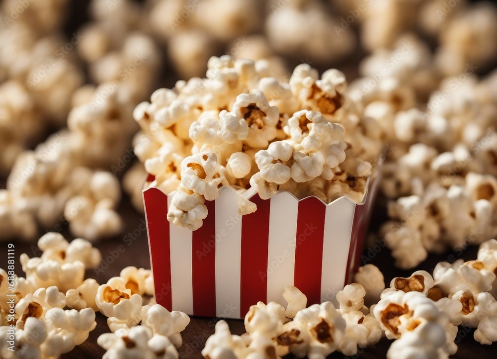 Popcorn in striped box on wooden table with blurred lights on background Popcorn in striped box on wooden table with blurred lights on background