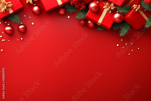 Christmas red background with realistic 3d decorative design elements. Festive Xmas composition flat top view of red gift boxes, glowing garland decorations, green tree branches.