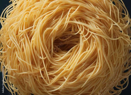 Close up of uncooked spaghetti pasta on black background, top view