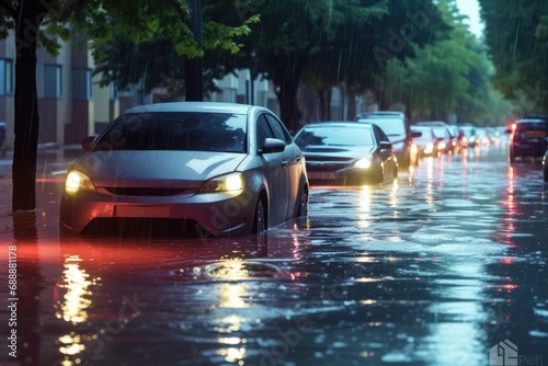 Underwater Challenges: Cars Submerged in Floods - Examining the Climate and Atmospheric Factors Contributing to Severe Storm Events. photo