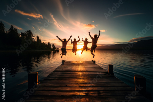 Nature's Celebration: Best Friends Jumping into the Water on a Dock at Sunset by the Lake, Creating a Joyful and Refreshing Celebration of Friendship.