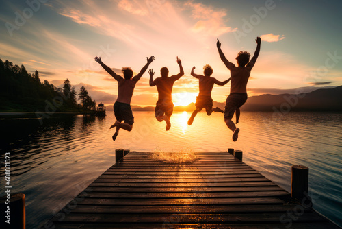 Nature's Celebration: Best Friends Jumping into the Water on a Dock at Sunset by the Lake, Creating a Joyful and Refreshing Celebration of Friendship.