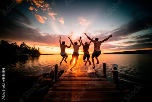 Nature's Celebration: Best Friends Jumping into the Water on a Dock at Sunset by the Lake, Creating a Joyful and Refreshing Celebration of Friendship.