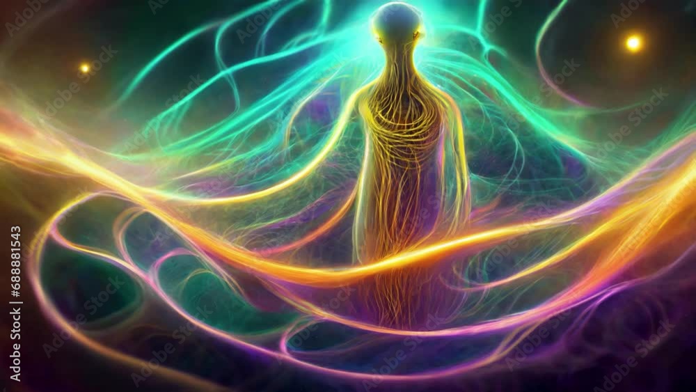 Spiritual being, alien on surreal world with flowing energy colors. Interdimensional being. Extraterrestrial entity, alien landscape. Astral entity on astral plane. 2d hand animation of AI image. Spiritual being, alien on surreal world with flowing energy colors. Interdimensional being. Extraterrestrial entity, alien landscape. Astral entity on astral plane. 2d hand animation of AI image.