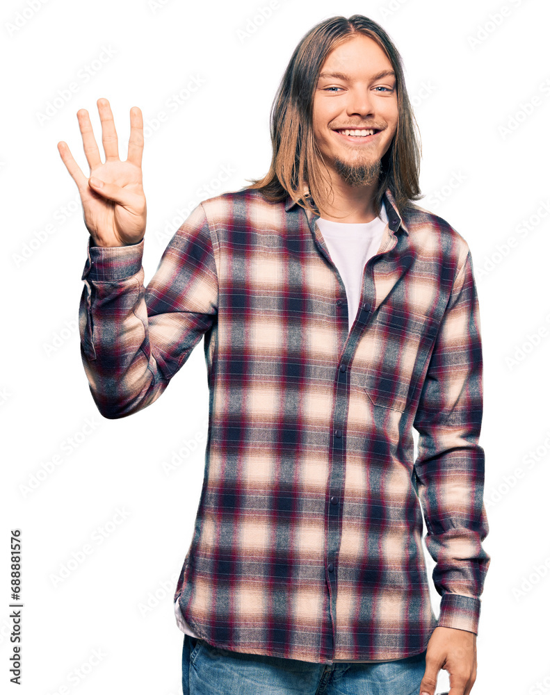Handsome caucasian man with long hair wearing hipster shirt showing and pointing up with fingers number four while smiling confident and happy. Handsome caucasian man with long hair wearing hipster shirt showing and pointing up with fingers number four while smiling confident and happy.