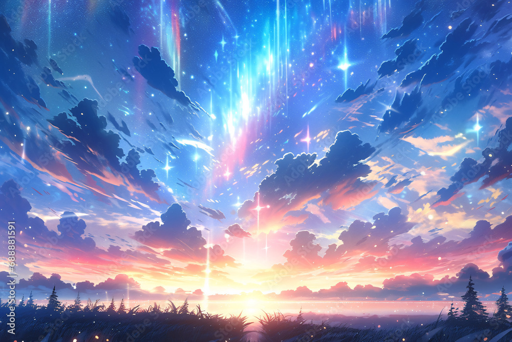 Fantasy aurora illustration, beautiful cartoon small fresh romantic night sky illustration background