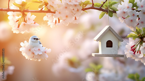 Birdhouse with a flowery background.Cherry Blossom Delight: Birdhouse with Pink Blossoms.AI Generative 