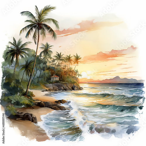 surf paradise seascape waves idyllic rest resort tropic dawn palm recreation shore watercolor © shabanashoukat49