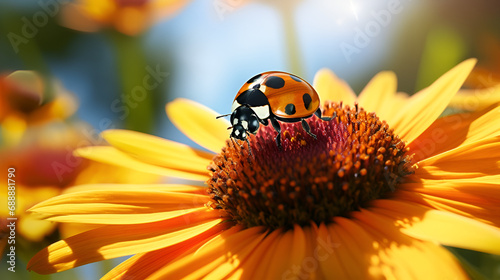Spring is coming.A ladybug on a flower with the word ladybird on it. Macro nature.AI Generative 