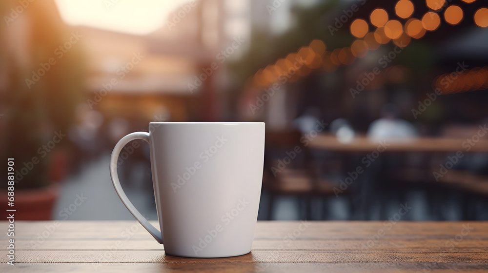 A white coffee mug on a table with cafe blurred background