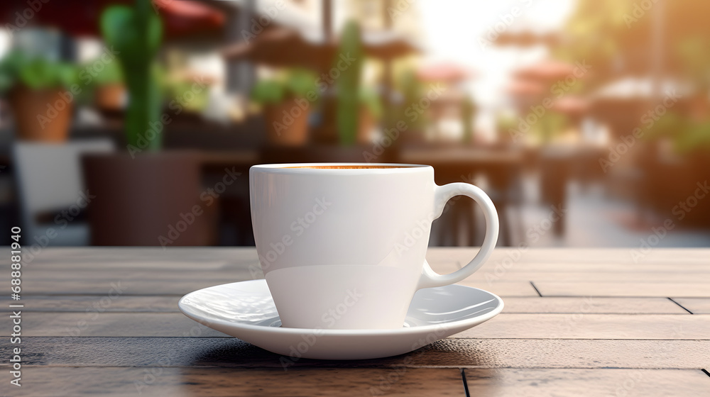 A white coffee mug on a table with cafe blurred background