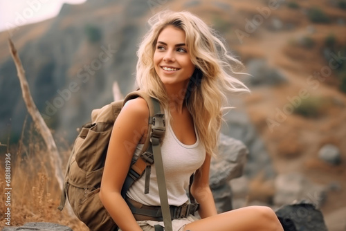 Mountain Lover: Beautiful Young Trekker Woman in Shorts, Sitting and Smiling Amidst Nature, Enjoying a Relaxing Break with Sun Flare During an Adventurous Hike