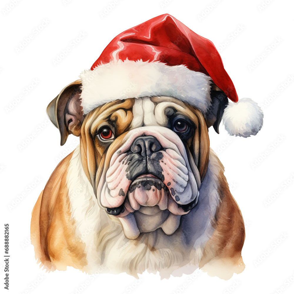 Bulldog Wearing a Santa Hat. AI generated image