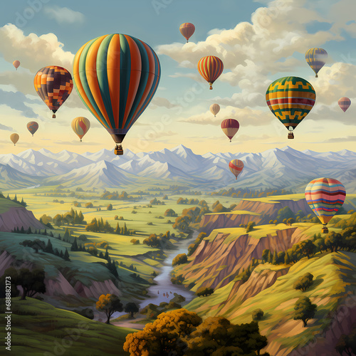 A group of hot air balloons drifting over rolling hills
