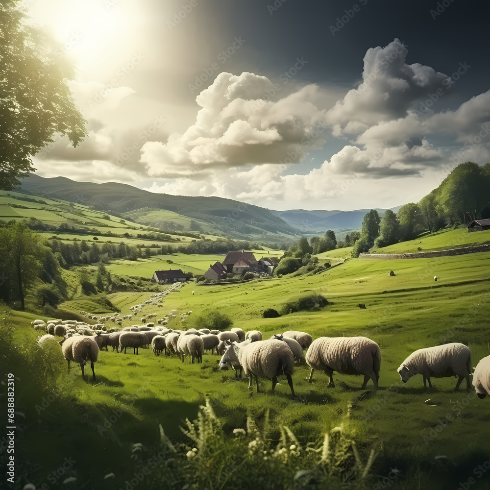 A peaceful countryside with rolling hills and grazing sheep.