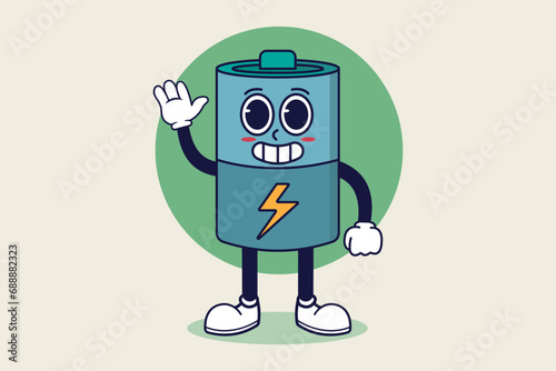 Battery Cartoon Character with Happy Face and Waving Hand. Vector Illustration