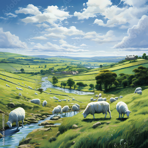 A peaceful countryside with rolling hills and grazing sheep.