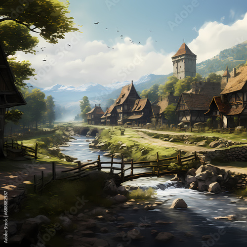 A peaceful village by a winding river.
