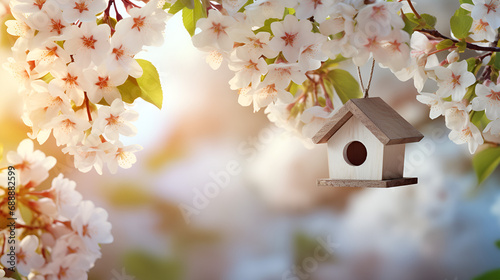 Birdhouse with pink blossom cherry flower sakura .Birdhouse on a branch full of little sakura flowers.blossom in spring.Enchanting Miniature House on Flowering Branch Closeup.AI Generative 