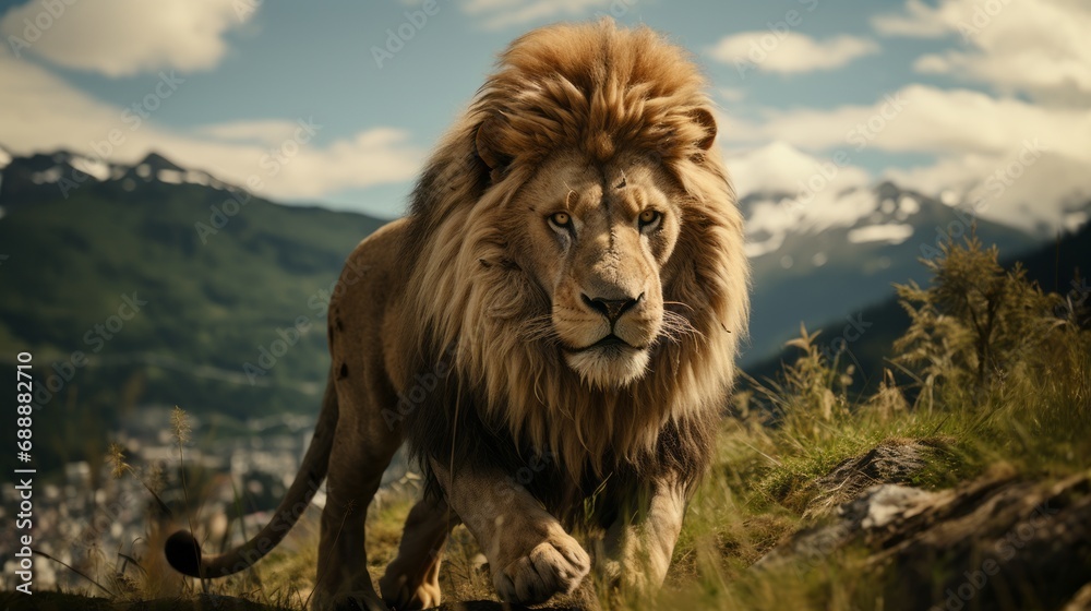 Obraz premium The Majestic Lion's Commanding Presence on the Hill