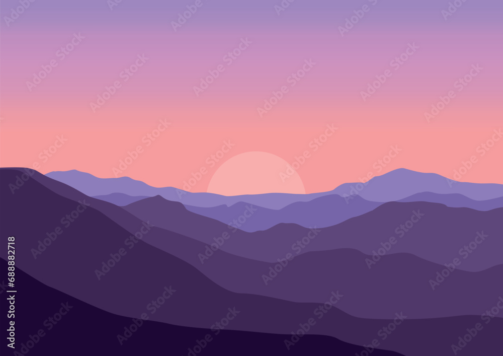 panoramic view of the mountains at sunset. Vector illustration in flat style.