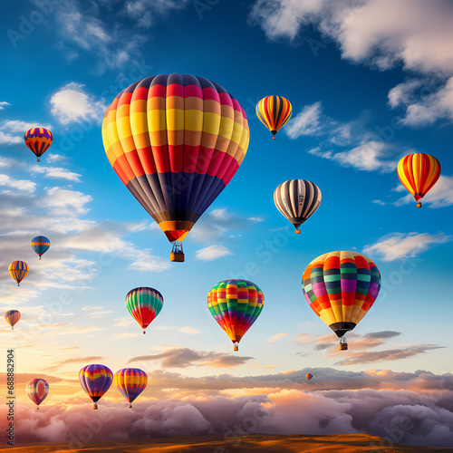 A row of colorful hot air balloons ascending. © Cao