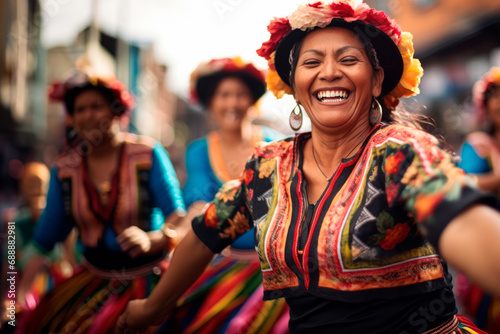 Sunset Rhythms in Quito:  Cultural Heritage as Happy Women, Adorned in Local Costume, Gracefully Perform Traditional Dance at Sunset in Ecuador



