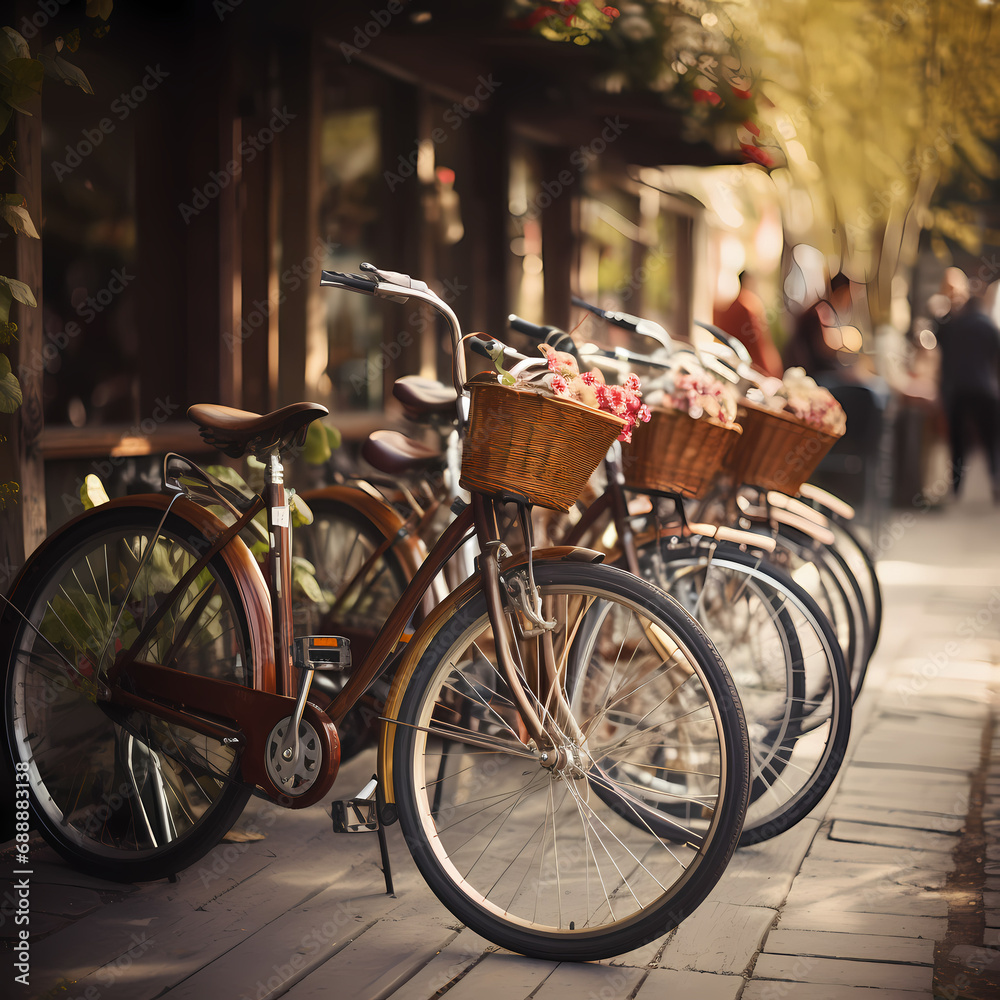 A row of vintage bicycles parked by a cafe.