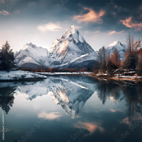 A serene lake reflecting a snow-capped mountain.