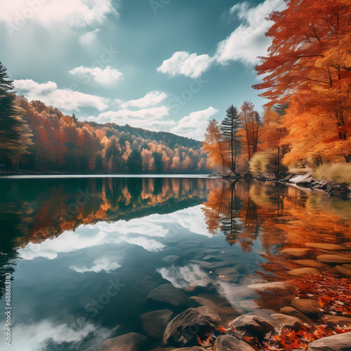 A serene lake surrounded by autumn-colored trees.