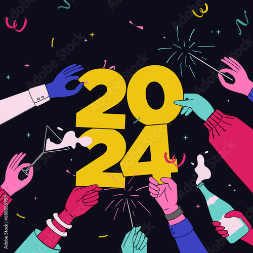A Social Media Post That Shows the Hands of a Diversity Group Cheering and Celebrating New Year by Playing Sparkler and Drinking Champagne. Holding Number 2024
