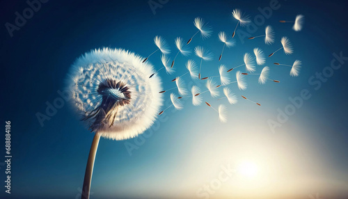 Dandelion With Seeds Blowing Away Blue Sky 