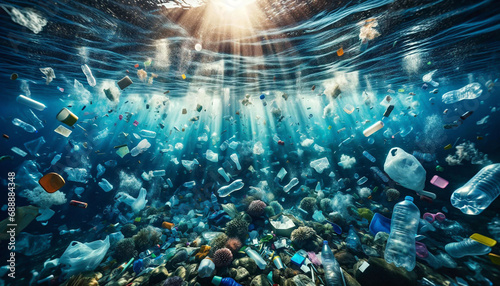 Plastic Pollution In Ocean - Underwater Shine With garbage Floating On Sea - Environmental Problem