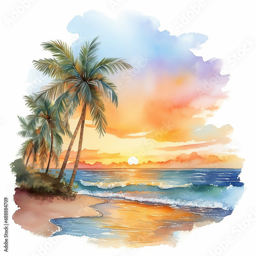 hawaii paradise seascape caribbean resort tropic palm shore watercolor wave sunrise horizon 