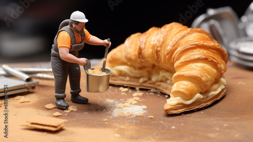 Miniature scenery worker working on giant croissant  photo