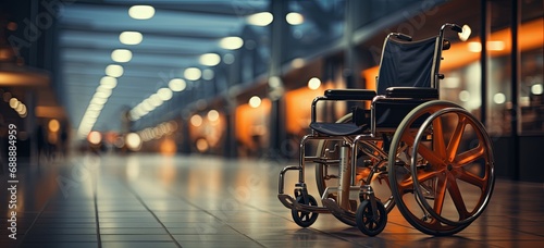 Empty wheelchair in an upscale lobby, conveying themes of healthcare, accessibility, and modern medical facilities. photo